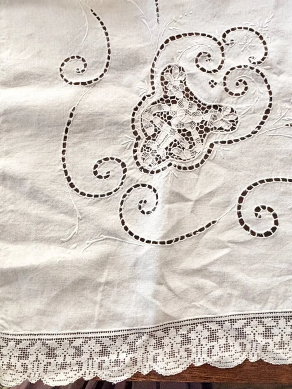 Vintage White Linen Eyelet Embroidered Tablecloth 68 x 84